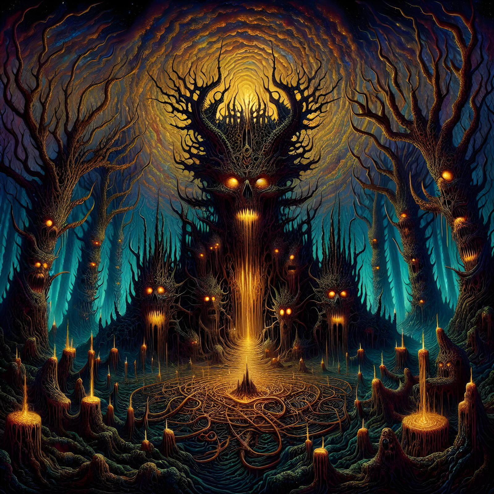Macabre Forest Altar with Deity in Digital Art