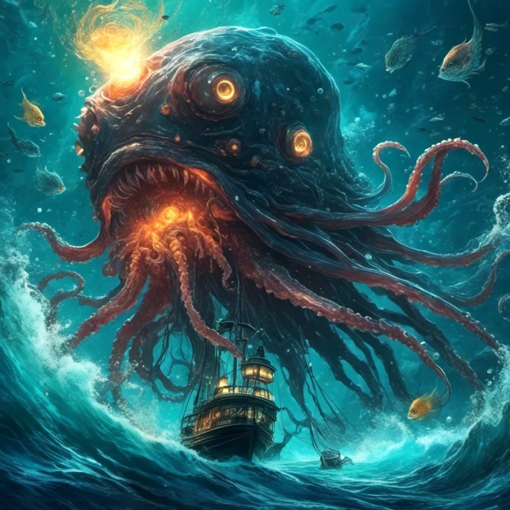 Glowing Giant Squid and Anglerfish