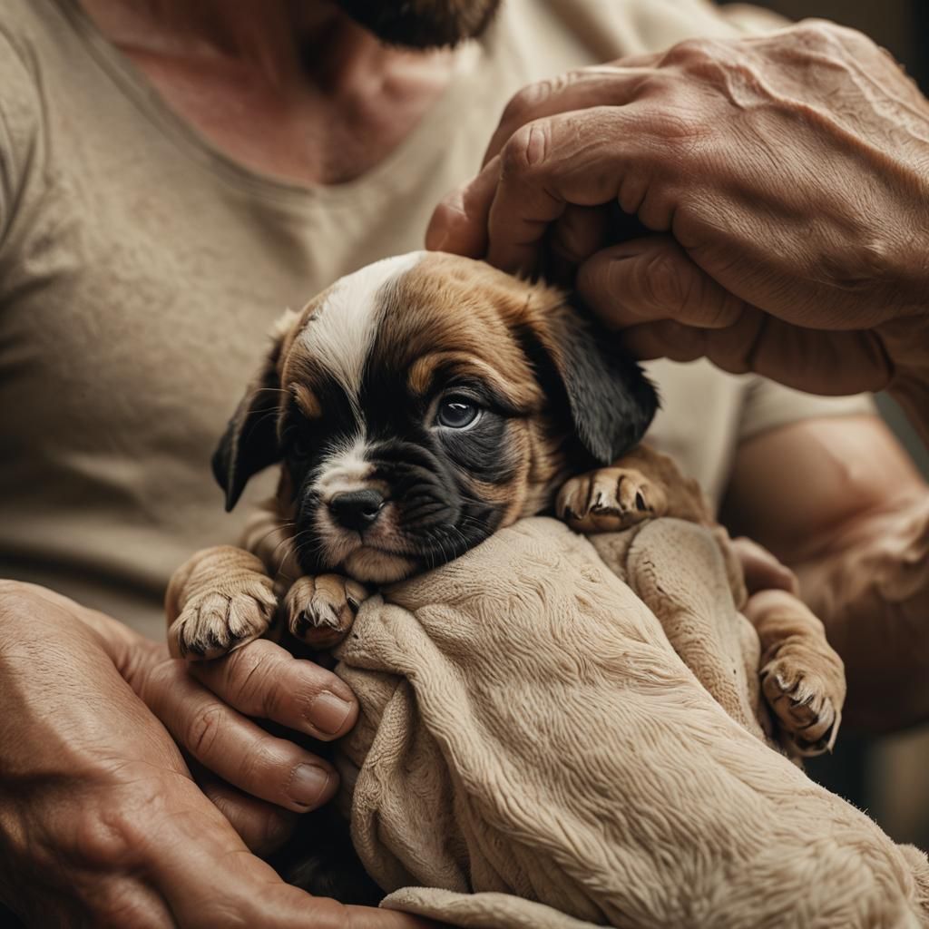 Muscular Arm Gently Holds Newborn Puppy
