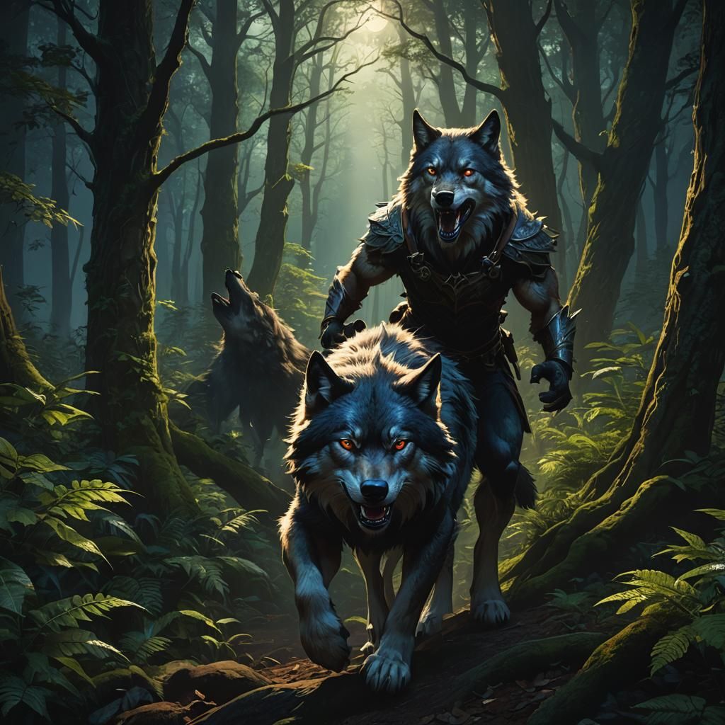 Roaring Wolf-Man in Moonlit Forest: Fantasy Concept Art