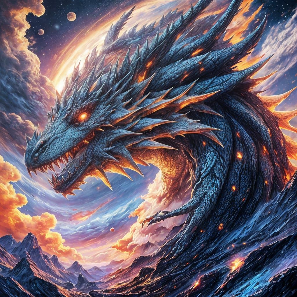 Dragon Soaring Through Space at Sunset