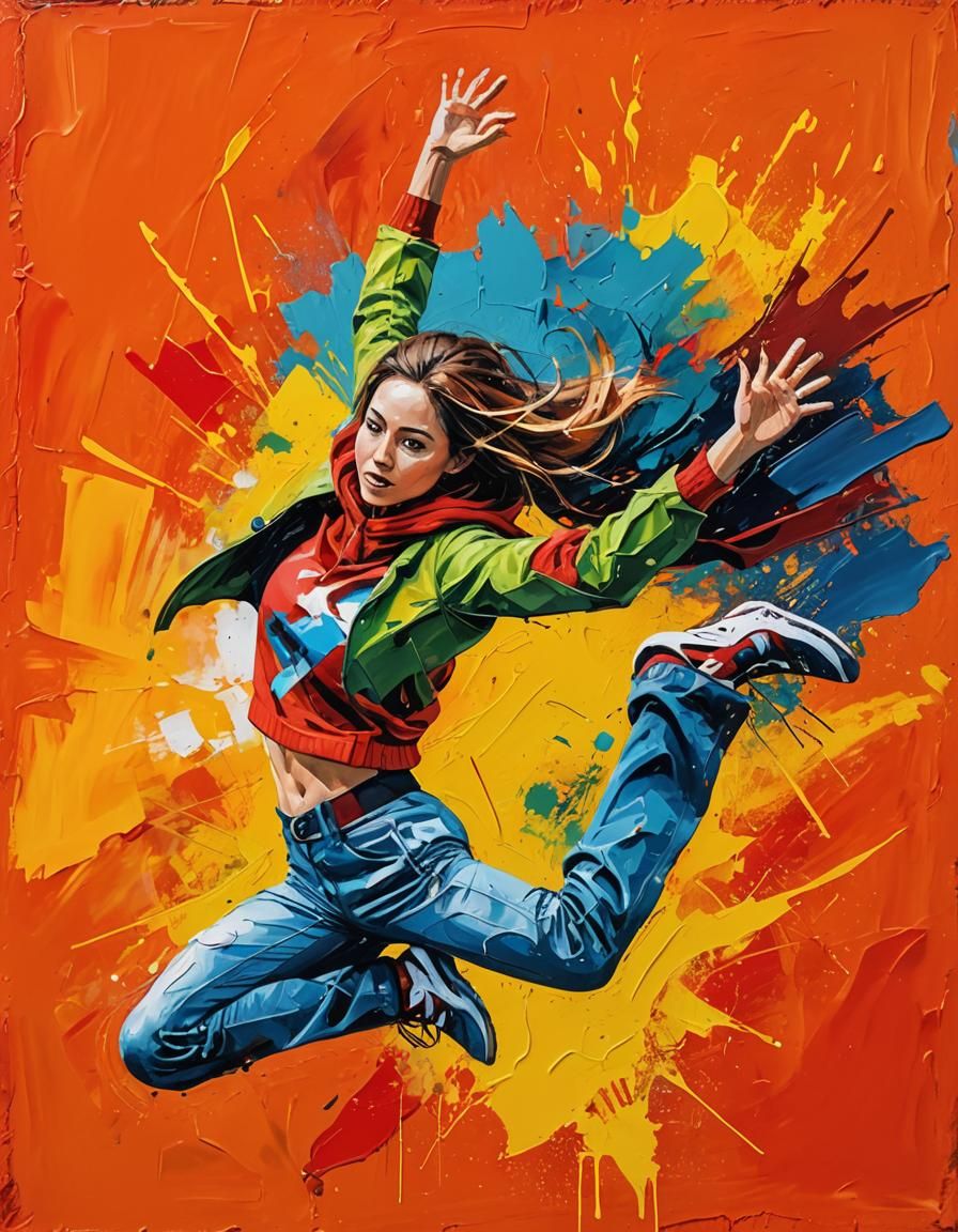 Dynamic Expressionism. Medium shot. Girl in sweater taking a...