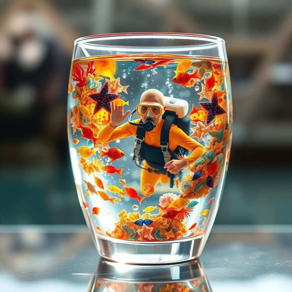 Scuba Diver in Glass Cup with Coral Reef