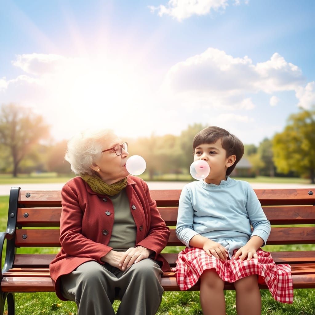 Grandmother and Grandchild Bubble Gum Competition in a Sunny...