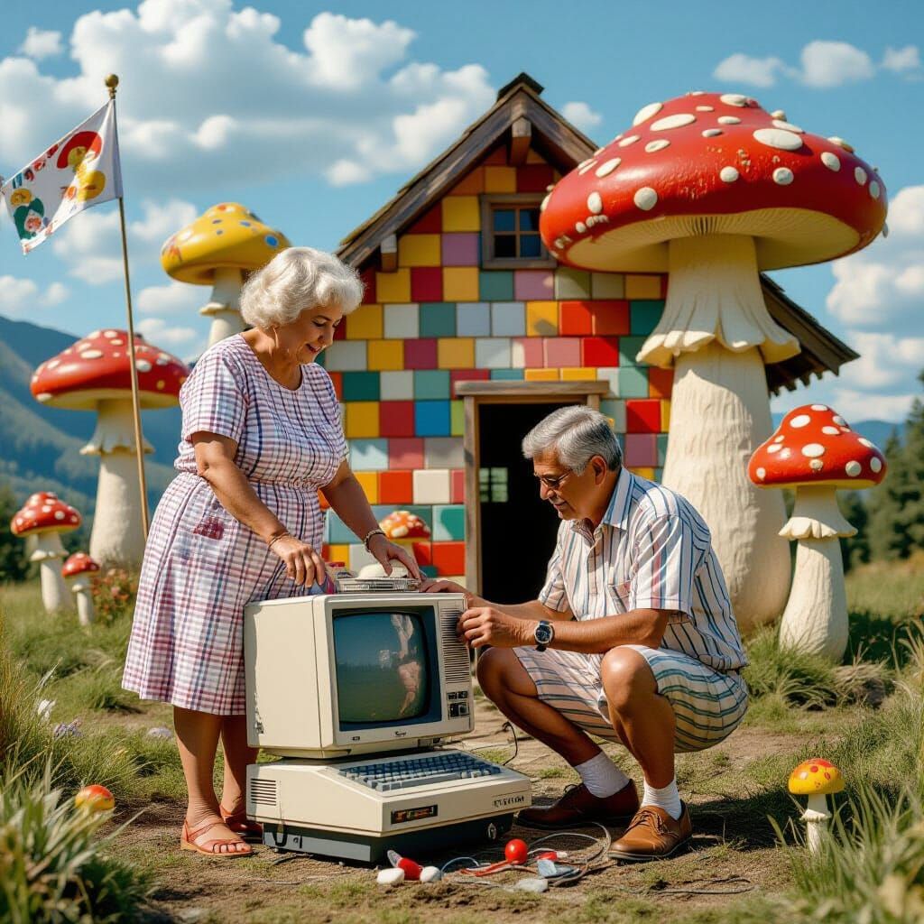Elderly Couple in Whimsical Mushroom Landscape
