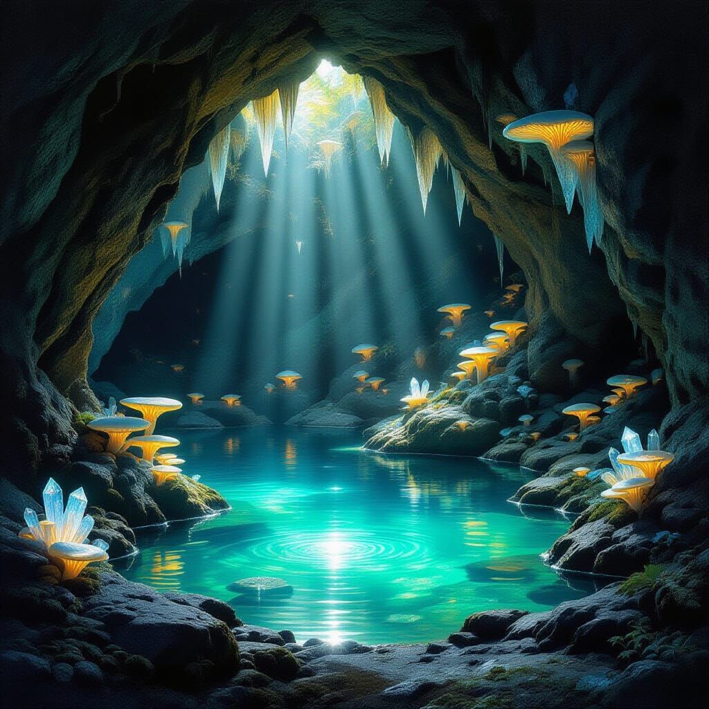 Mystical Grotto Illuminated by Bioluminescent Wonders