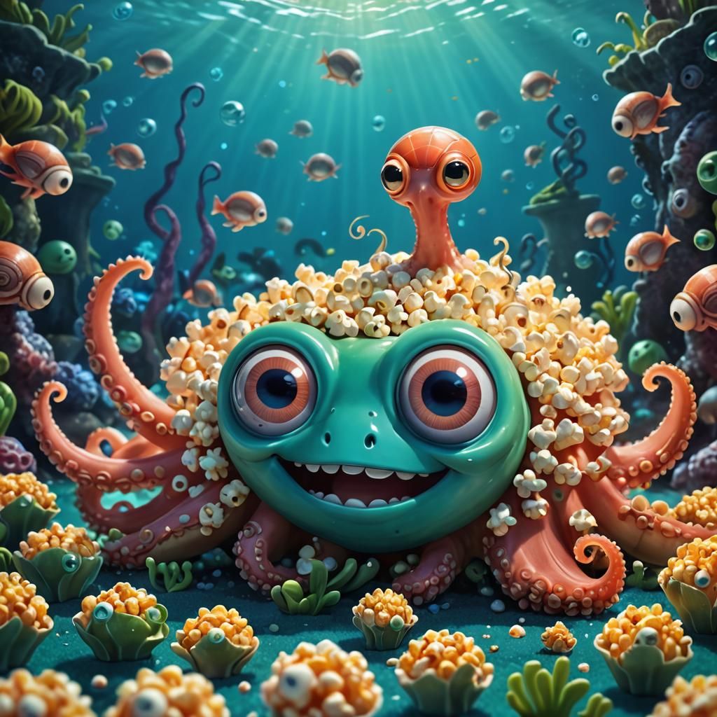 Cartoon Underwater Cinema with Snails in Pixar Style
