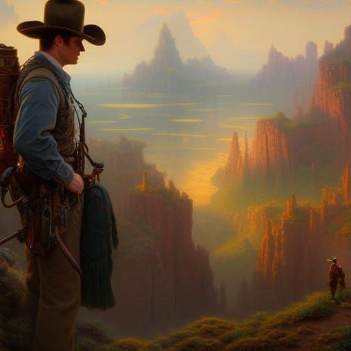 Steampunk Cowboy in Ethereal Fantasy Landscape