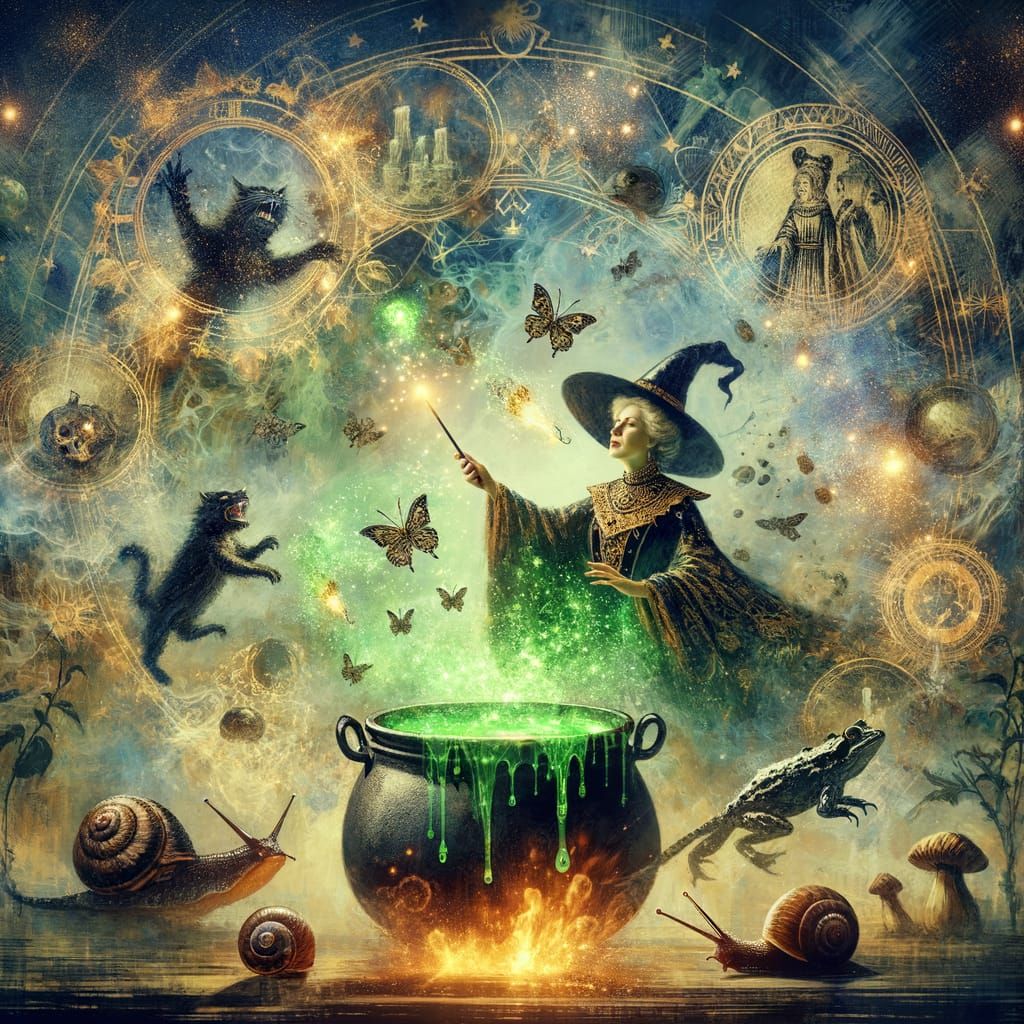 Witch Summons Magic Over Bubbling Cauldron