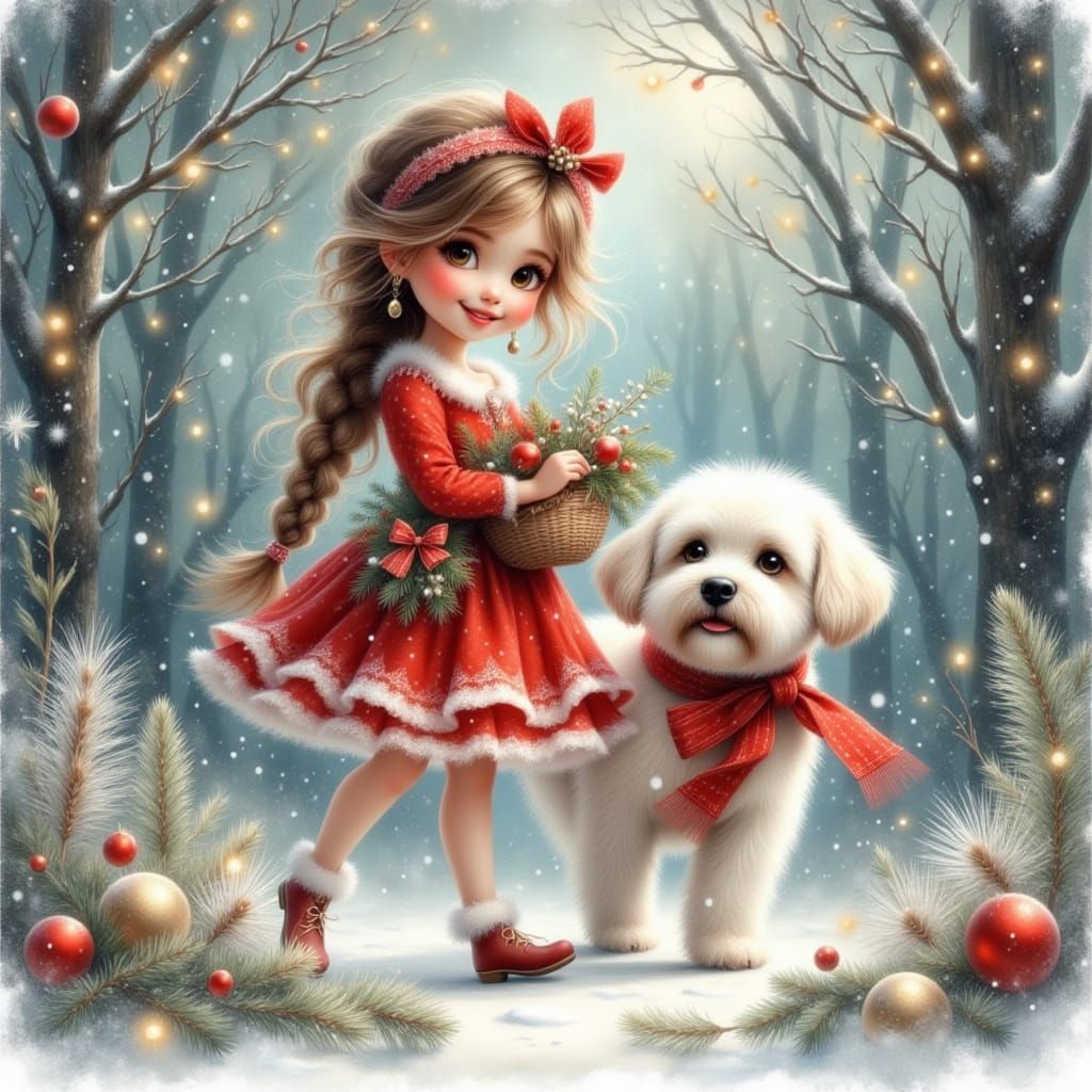 Cheerful Girl and Dog in Snowy Forest, Pixar Style