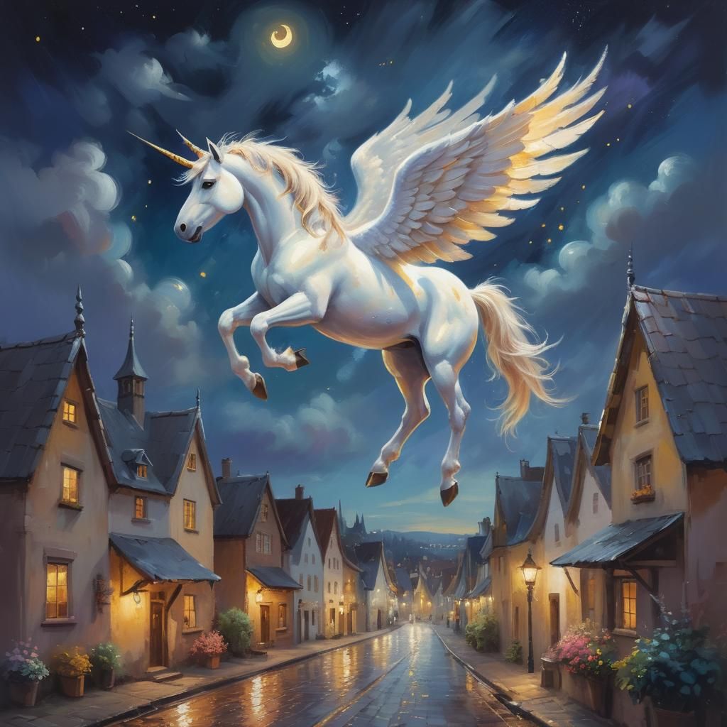 Winged Unicorn Over Town at Night as Oil Painting