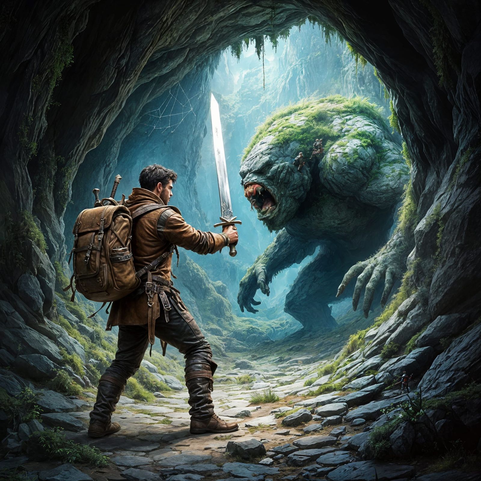 Adventurer Battling Cave Troll in Dark Fantasy Illustration