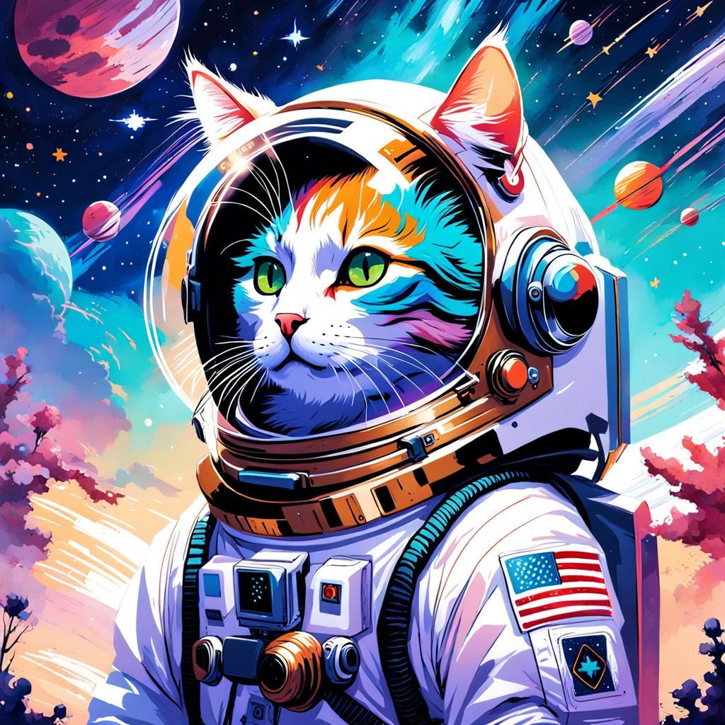 Astronaut Cat in Space: Liquid Gouache Painting