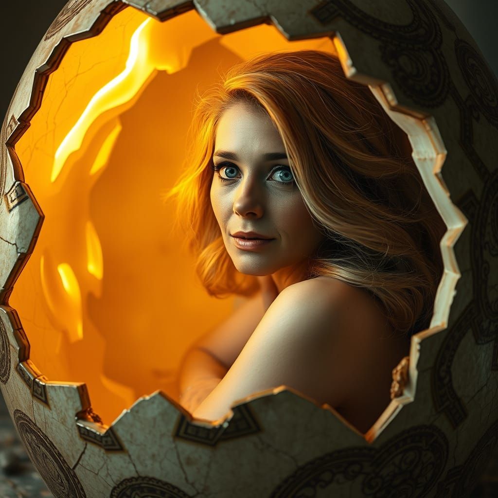 Elegant Woman Emerges from Ornate Egg in Hyperrealistic Styl...