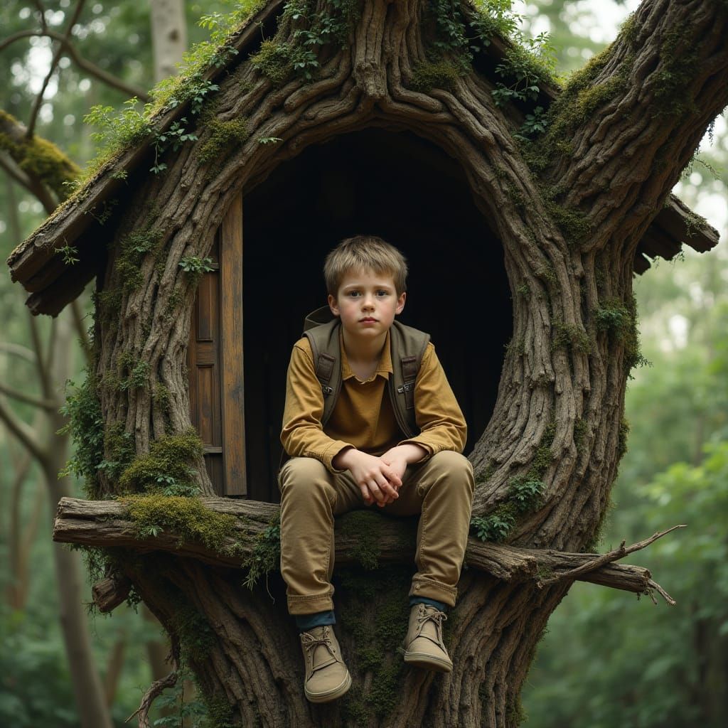 Boy in Treehouse: Photorealistic Rustic Scene