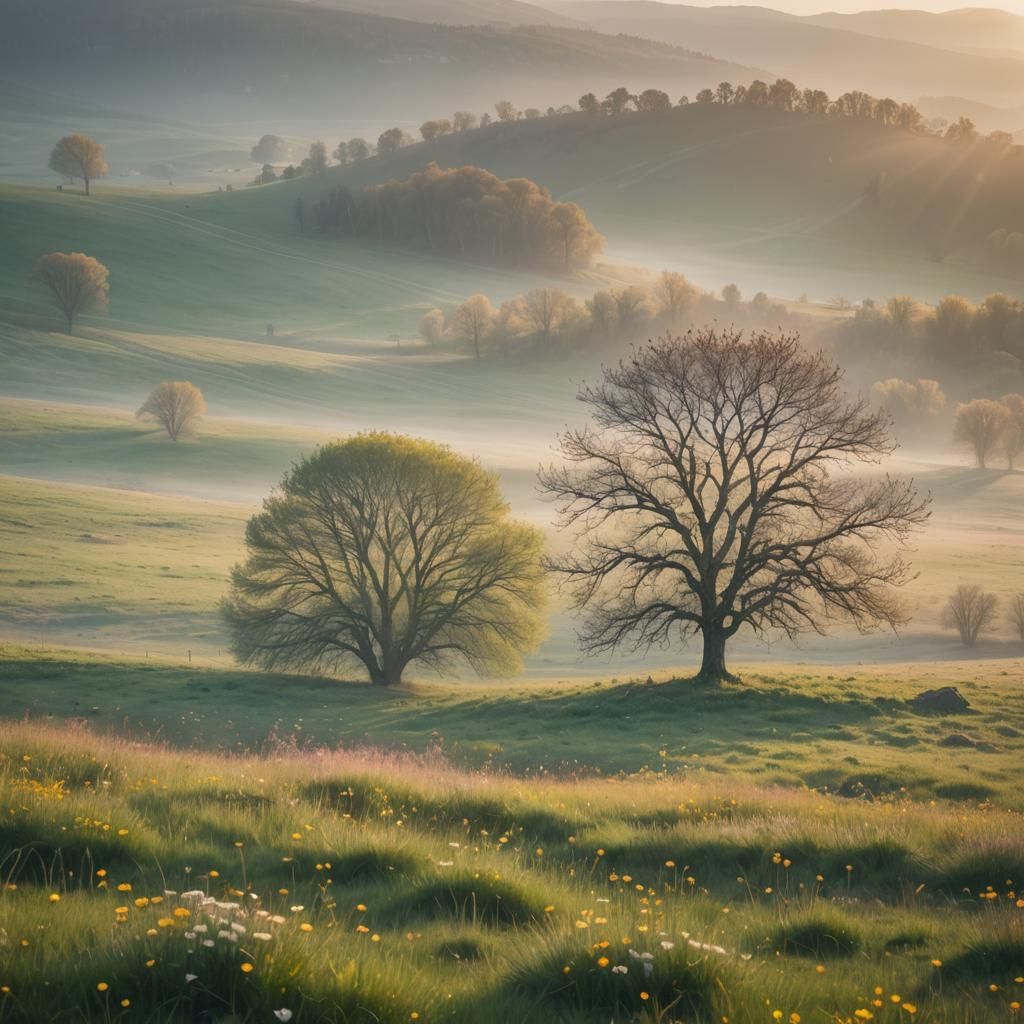 Lonely Tree in Misty Meadow: Spring Landscape