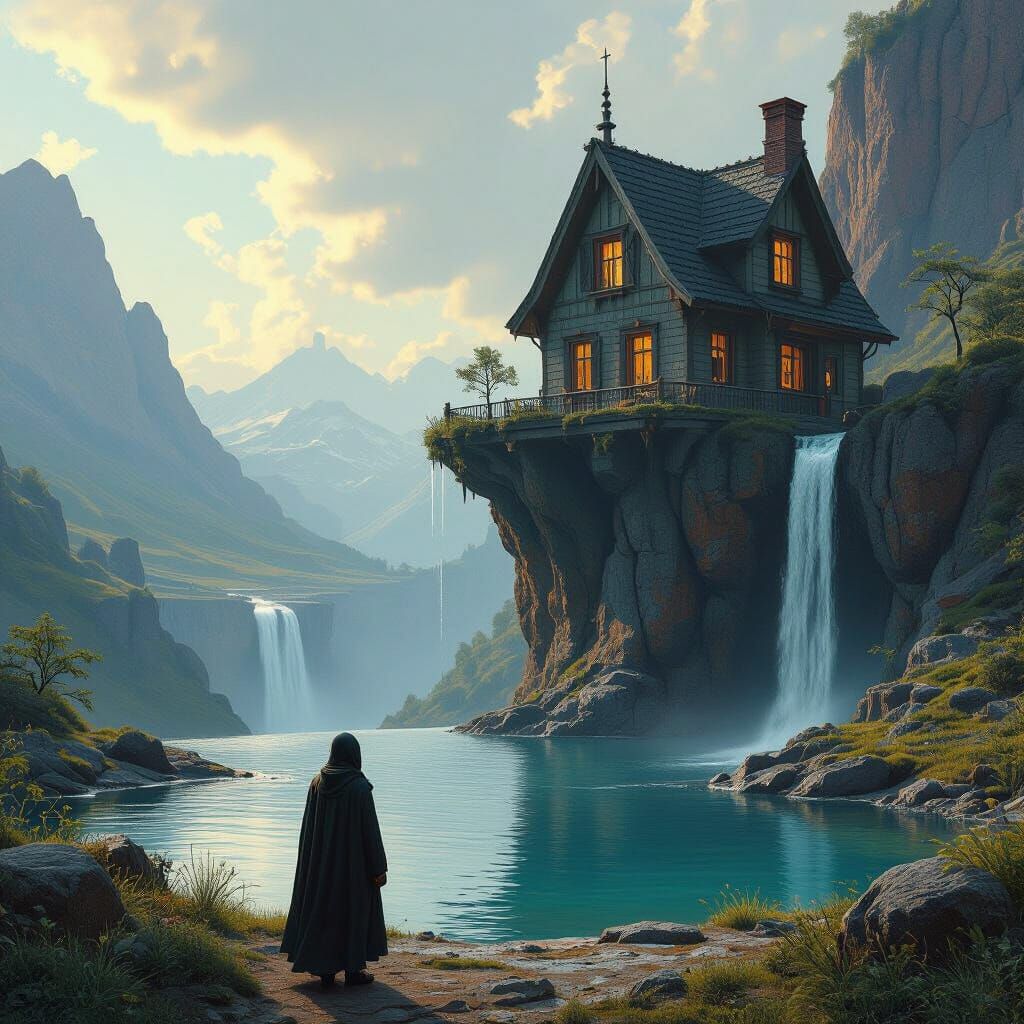 Surreal Cliffside House with Waterfall, Matte Painting