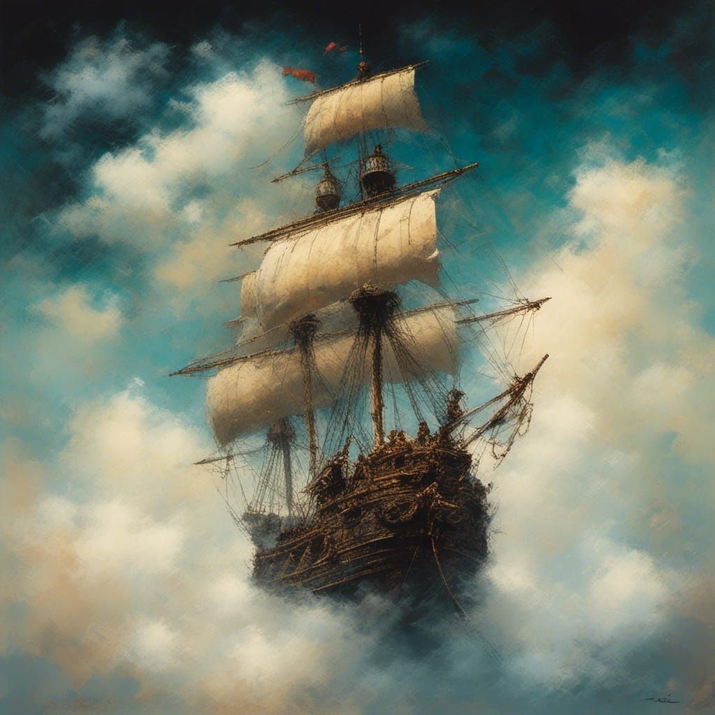 Caravel Sailing Ship Floating in the Clouds