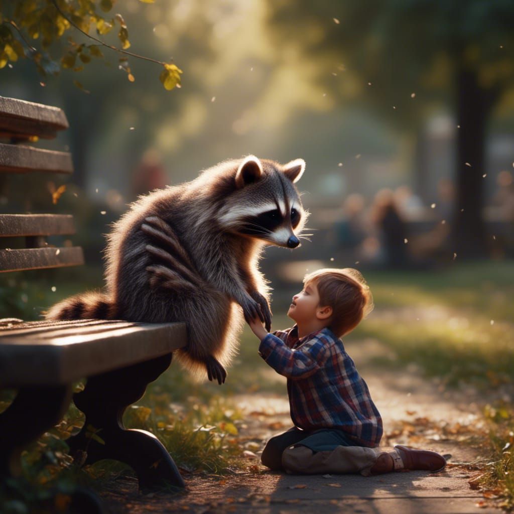 Angelic Raccoon and Boy Playing in Park