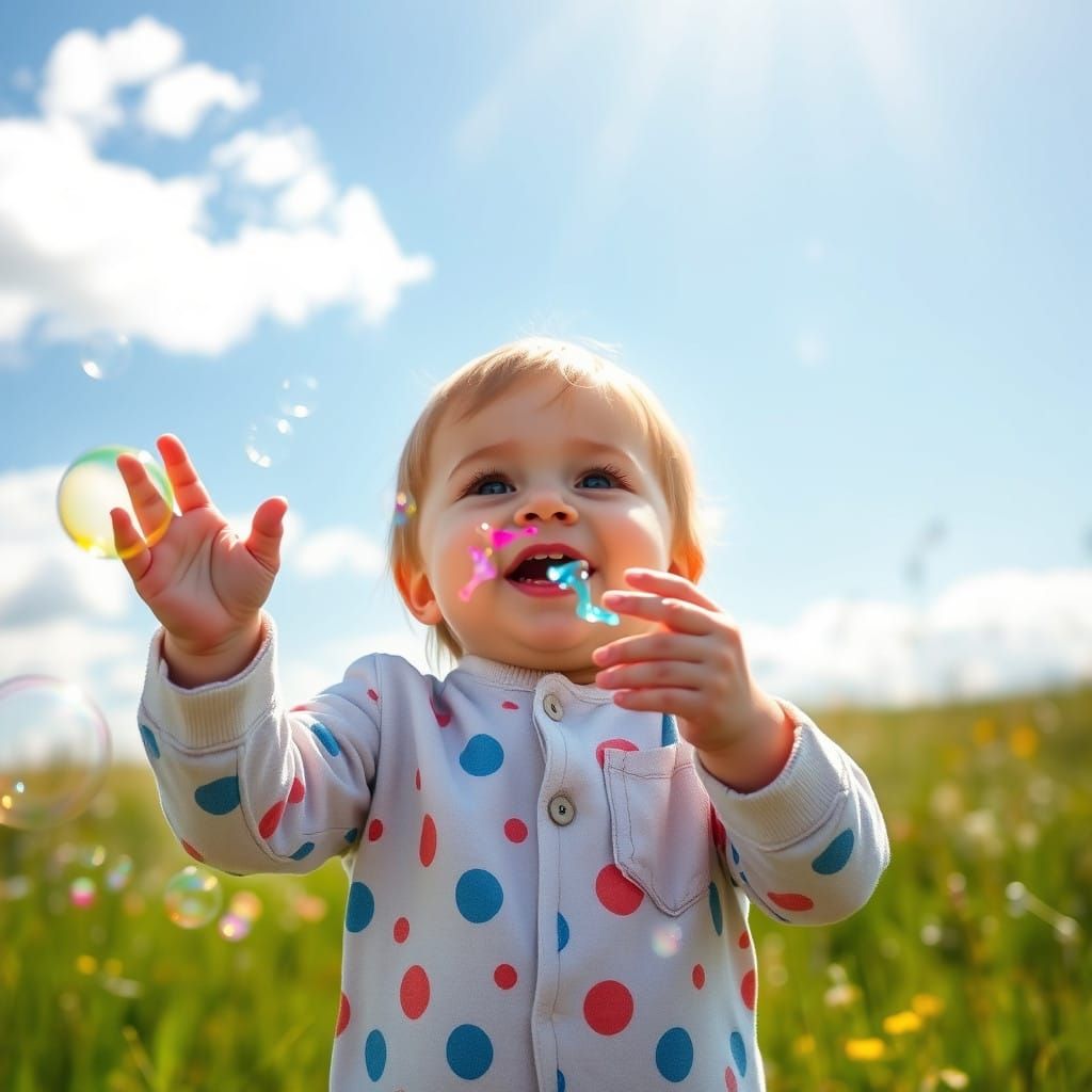 Cheerful Toddler Pops Colorful Soap Bubbles in Sunny Meadow