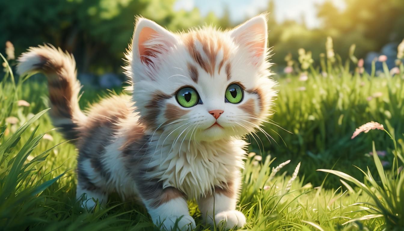 Chibi Kitten Playing in Sunny Meadow
