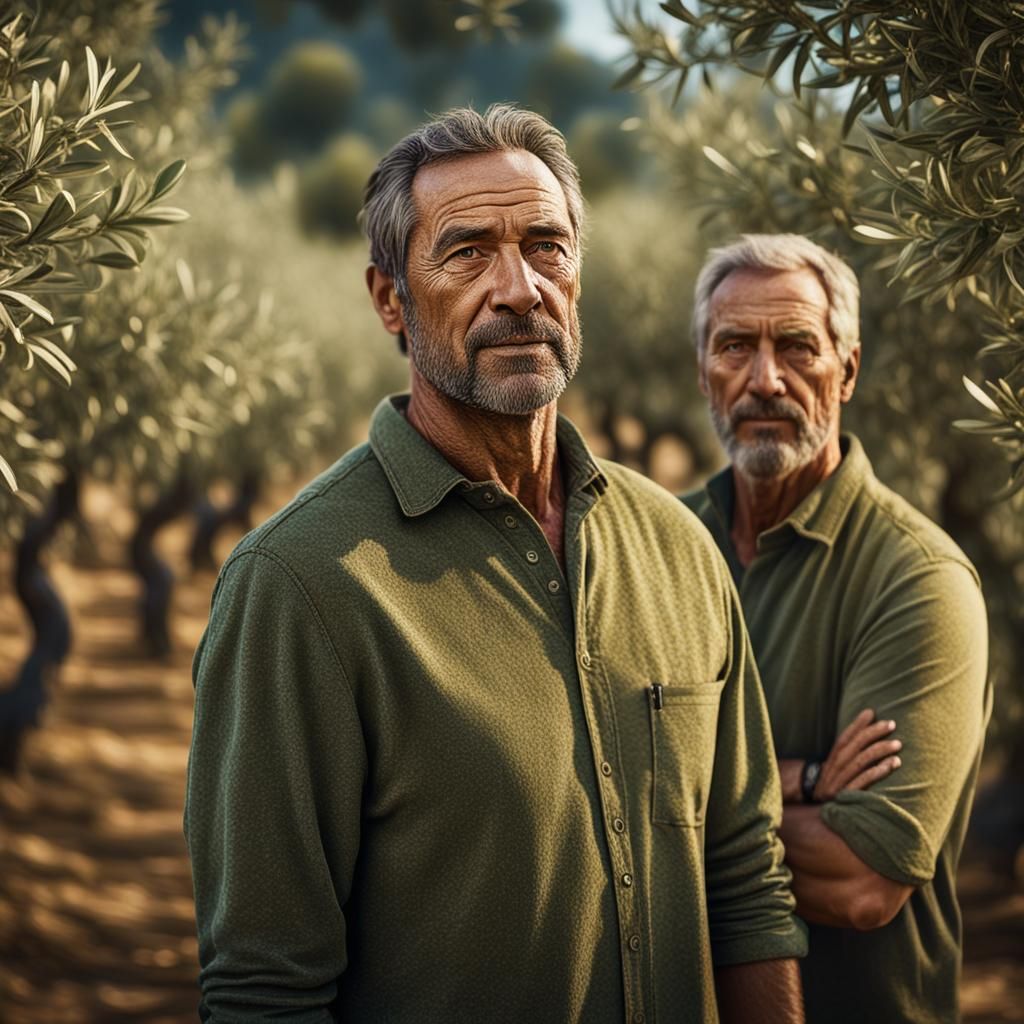 Hyperrealistic Photo of Two Men in Olive Grove