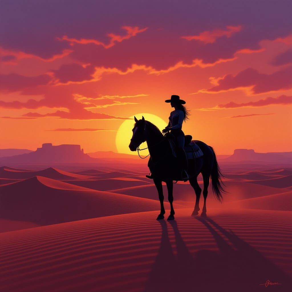 Cowgirl Rides Spectral Horse at Surreal Desert Sunset