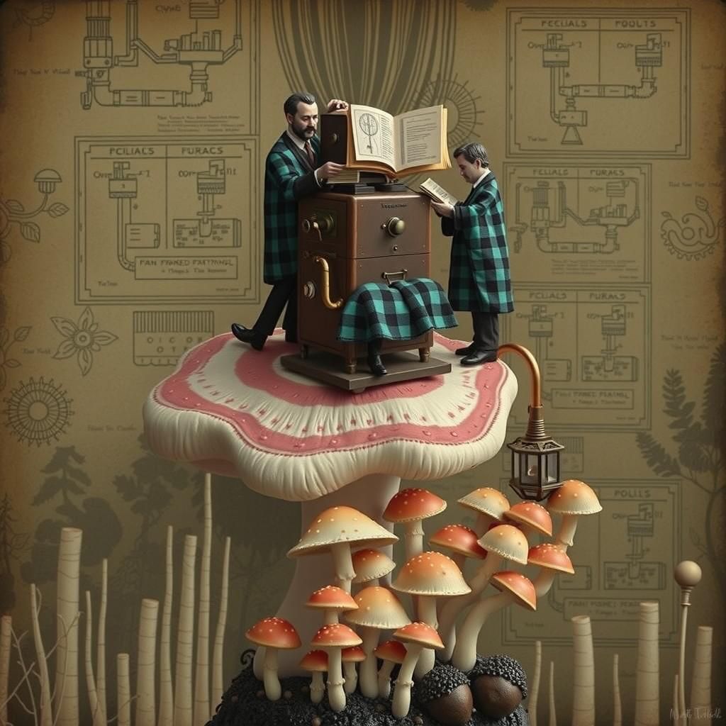 Porcelain Bureaucrats Counting Mushrooms in Mystical Forest