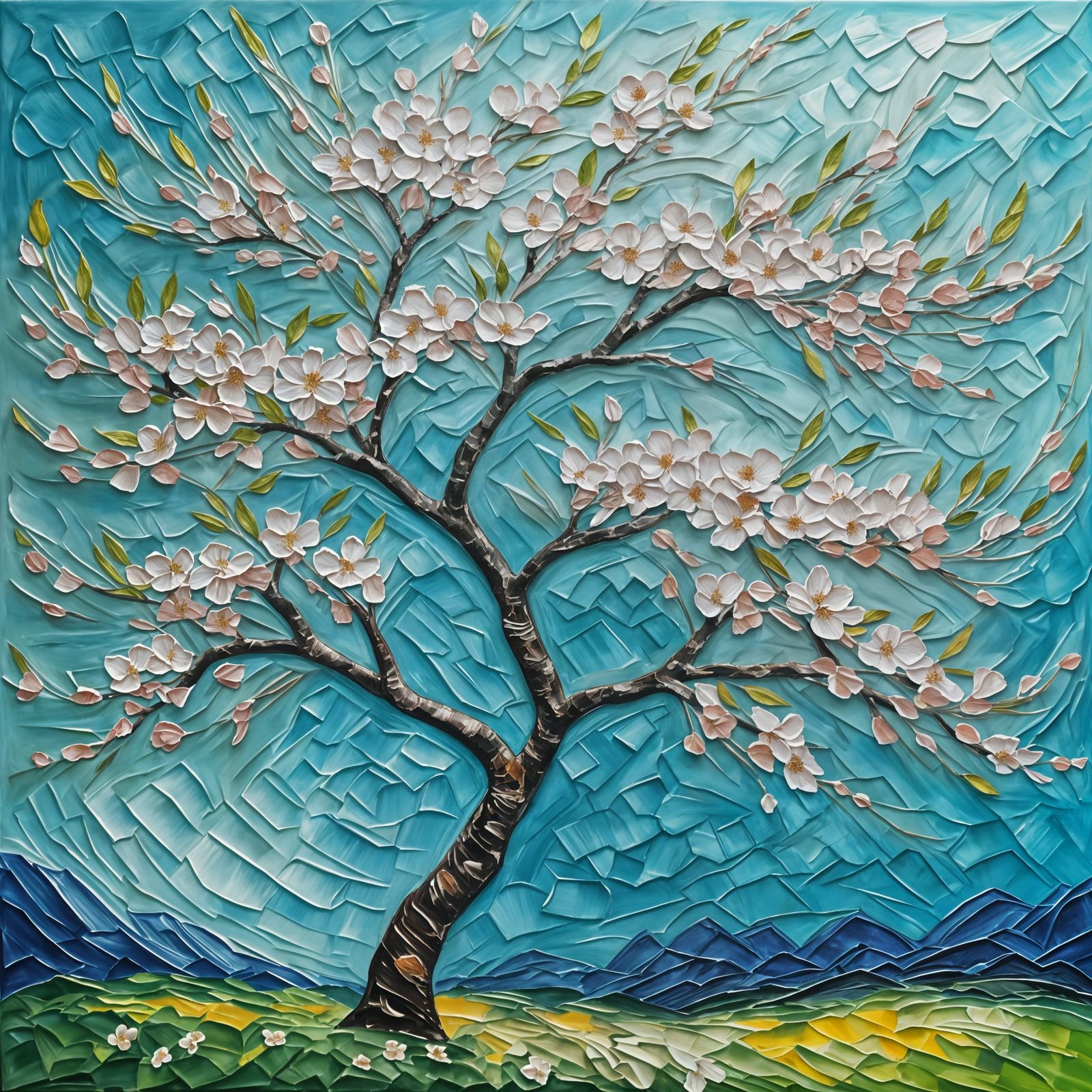 Impasto Painting of Cherry Tree in Spring Bloom