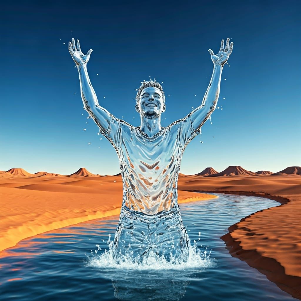 Joyous Water Man in Desert Oasis