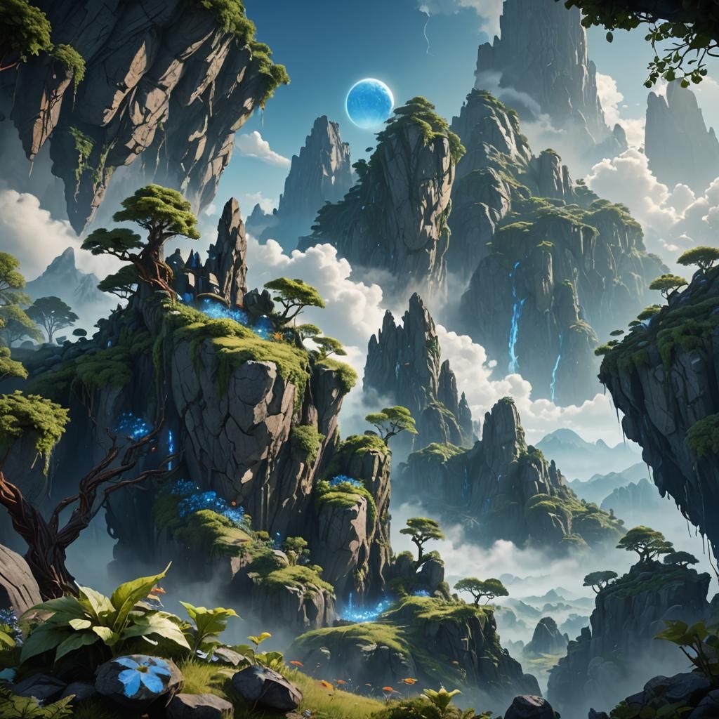 Misty Mountain Range with Floating Rocks