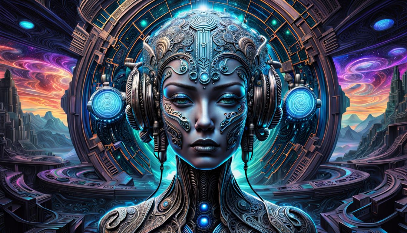 Cybernetic Woman Emerging from Mist in Steampunk Style