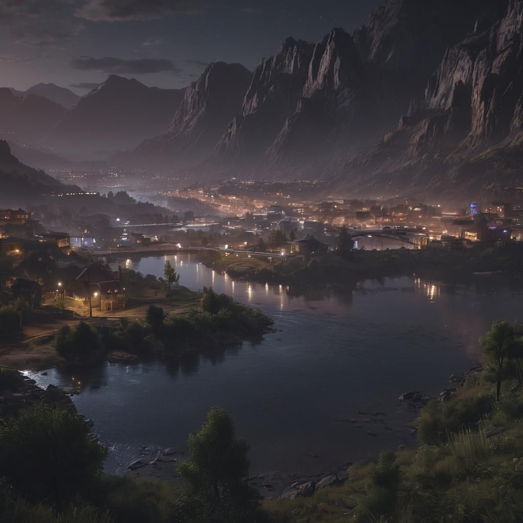 Moonlit Valley Cityscape in Modern 3D Style