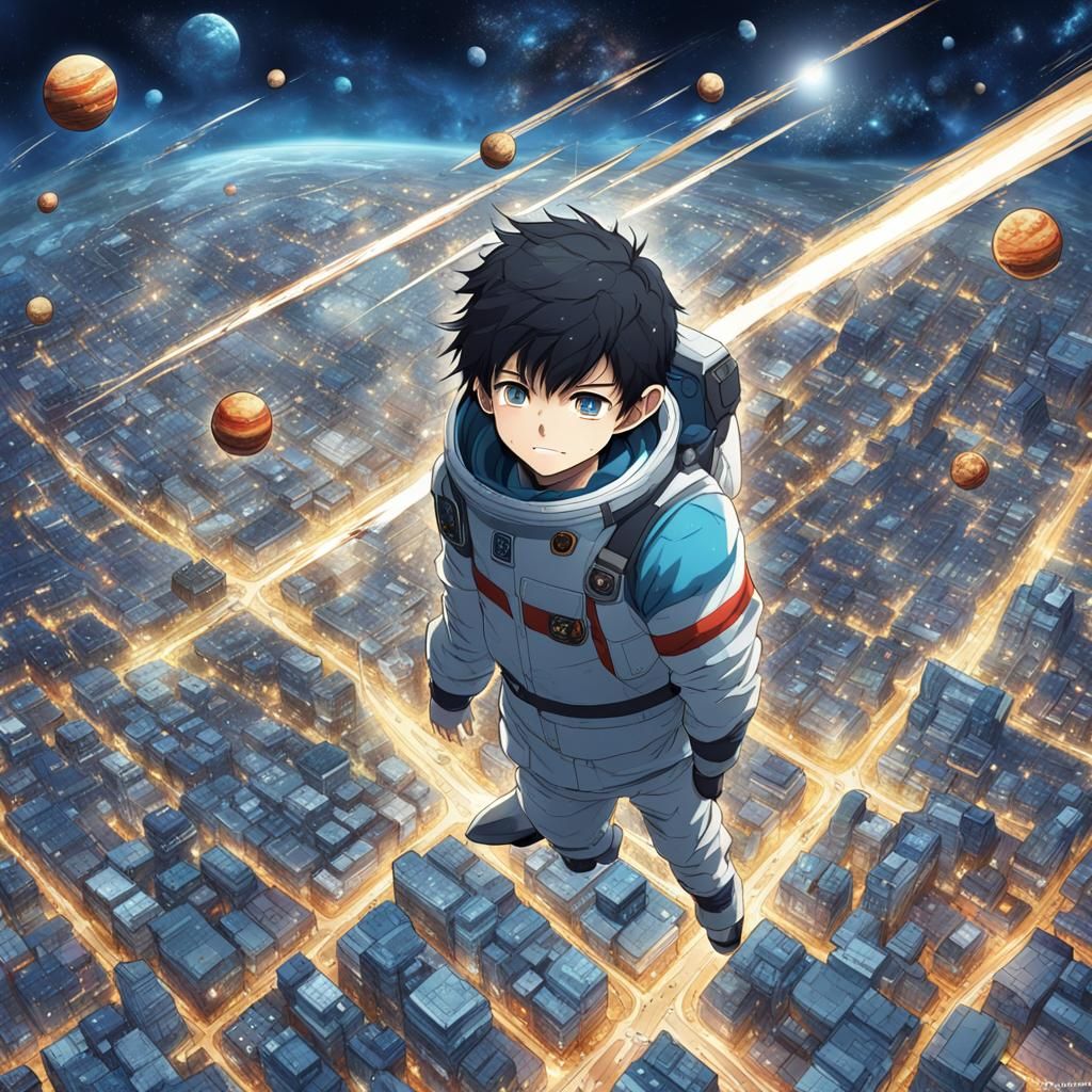 Boy Floating in Space in Anime Style