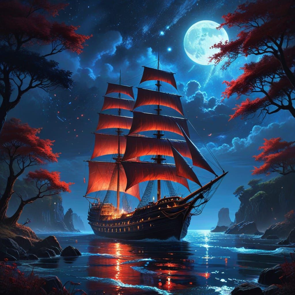 A ship sails on water beneath a starry, colorful sky.