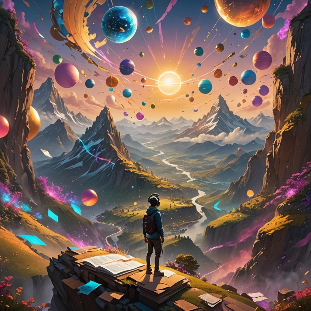 Mountain Vista with Glowing Orbs, Studio Ghibli Style