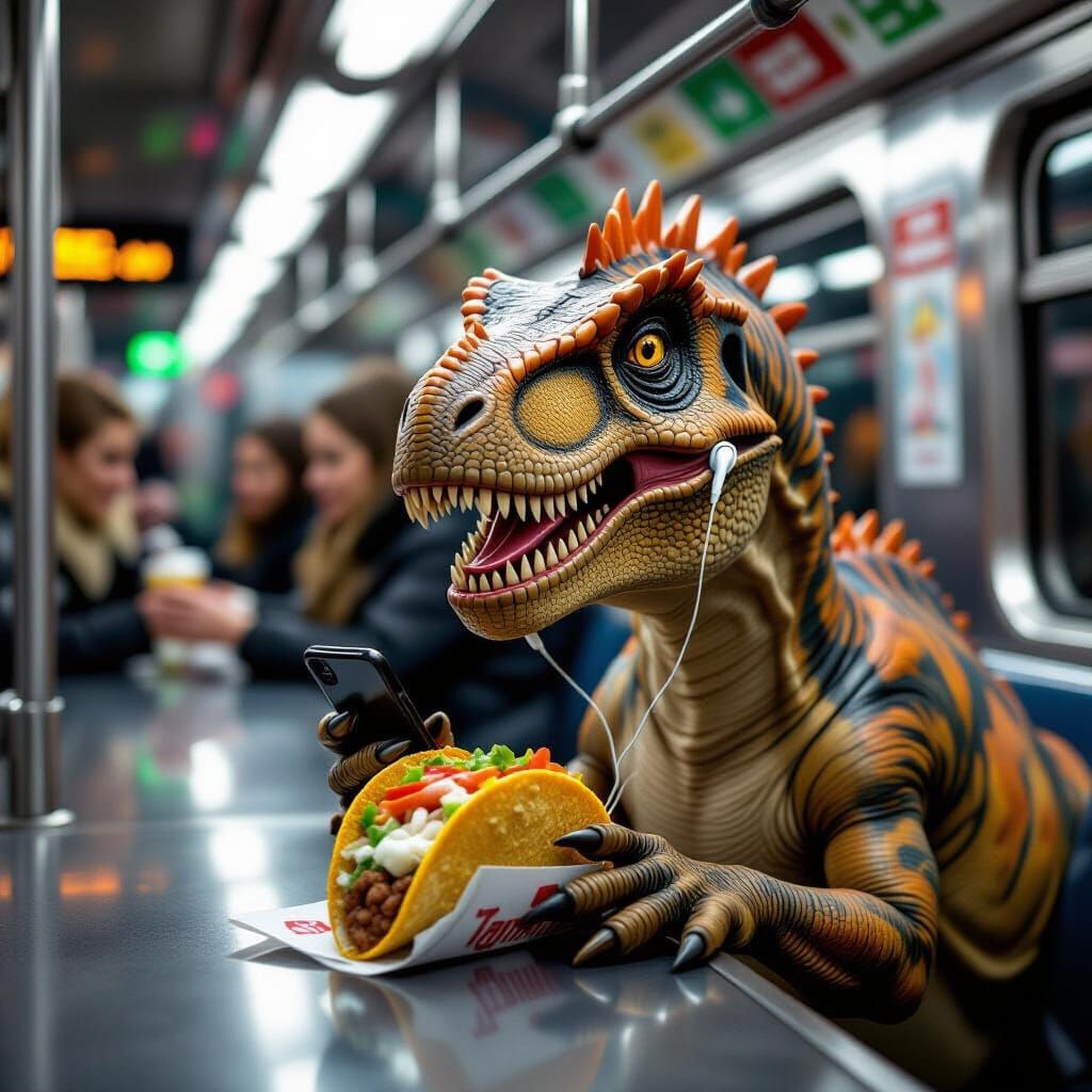 Dinosaur Enjoys Taco Bell on the Subway