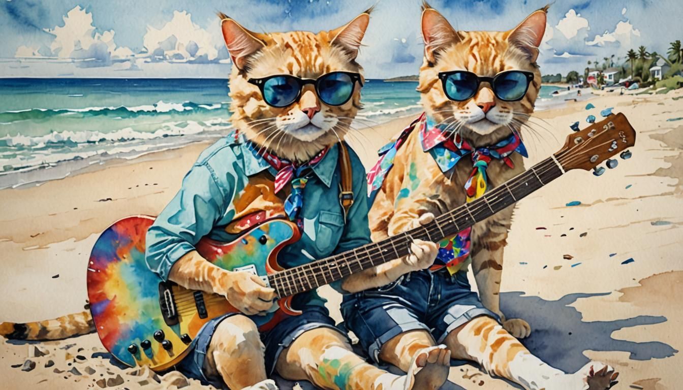 Whimsical Watercolor Cat Playing Guitar on Beach