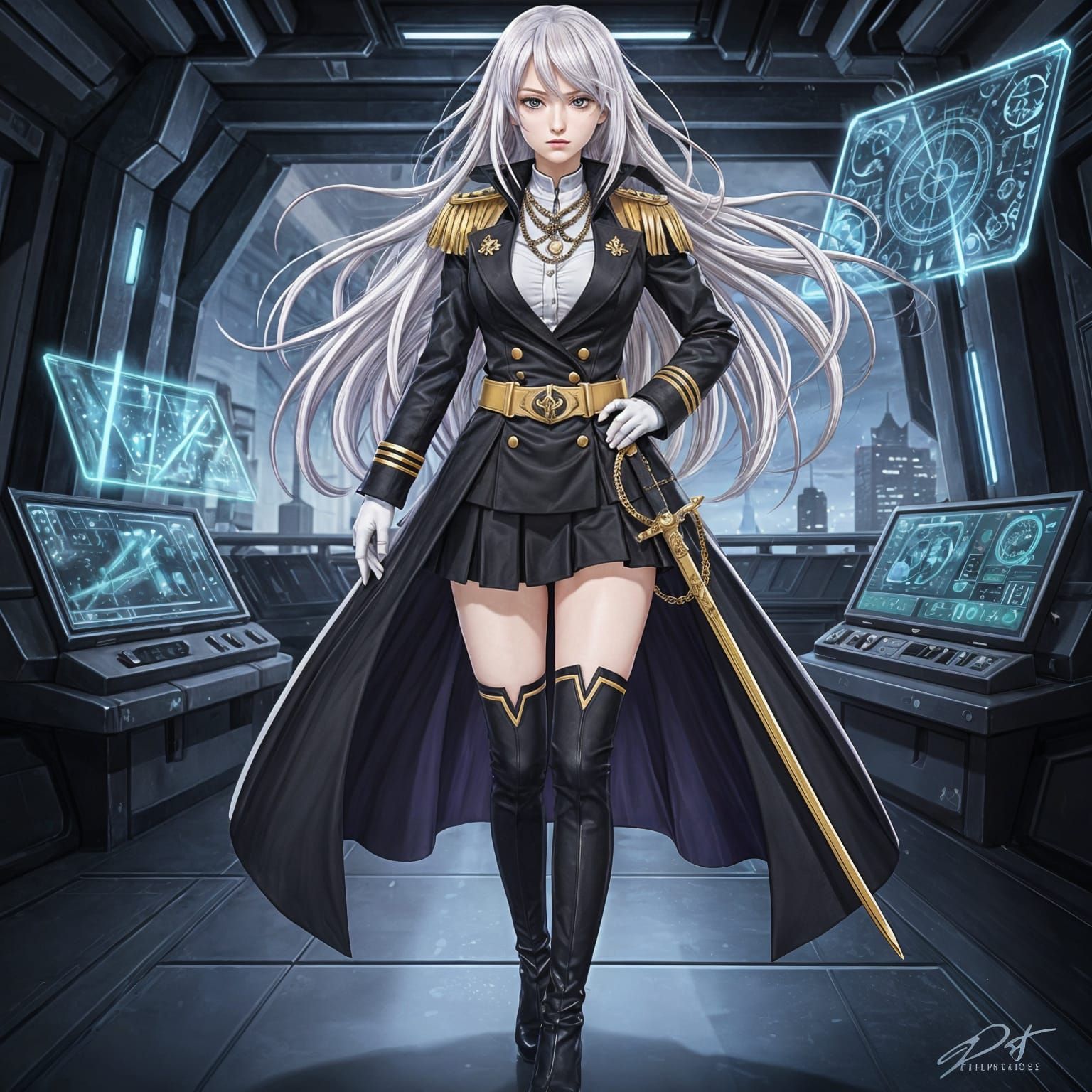 Anime Female Admiral with Sword and White Hair