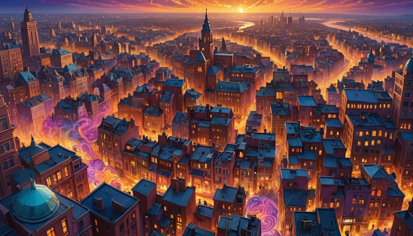 Vibrant Cityscape Sunset with Lyrical Kaleidoscope