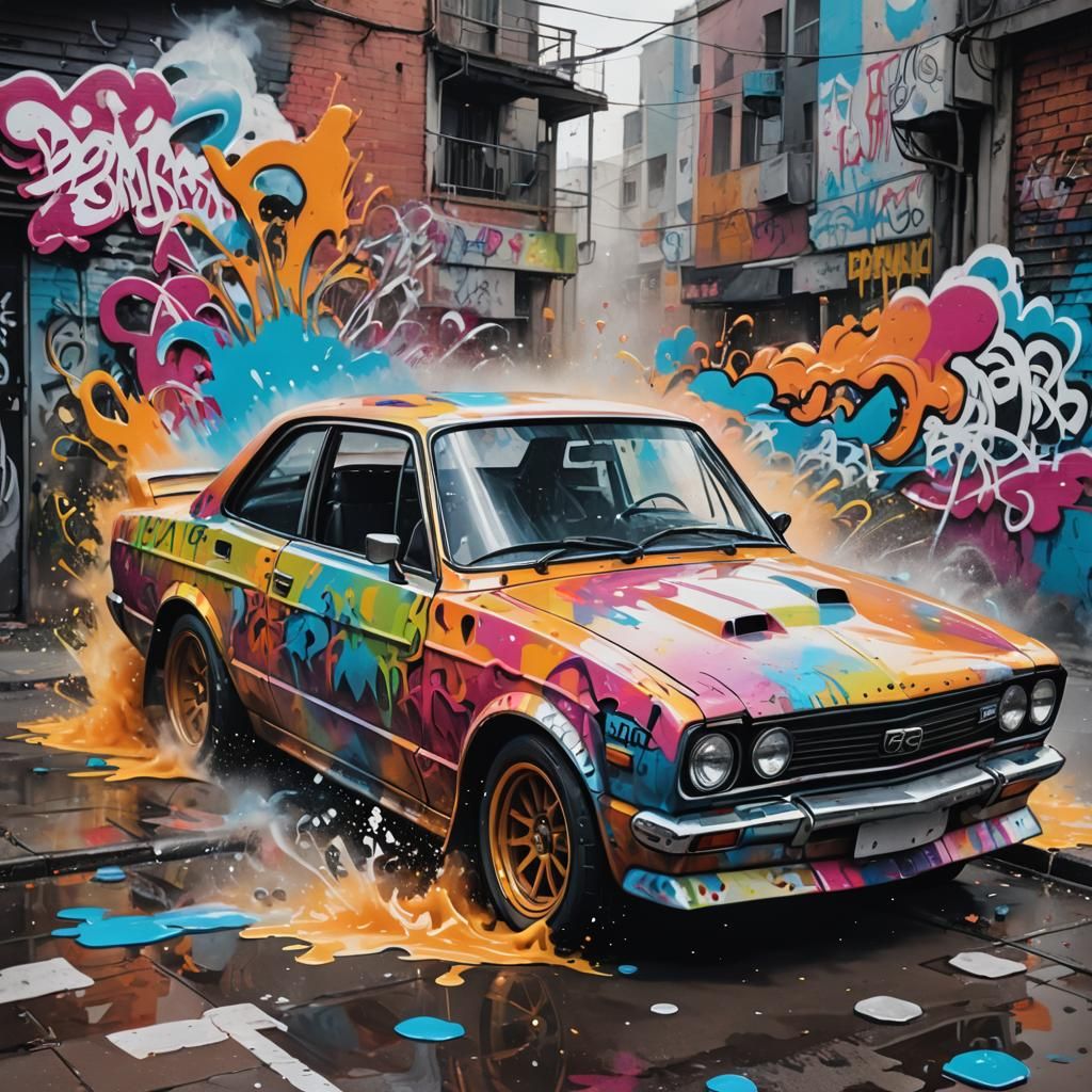 Graffiti Art Drifting Car: Colorful Street Scene