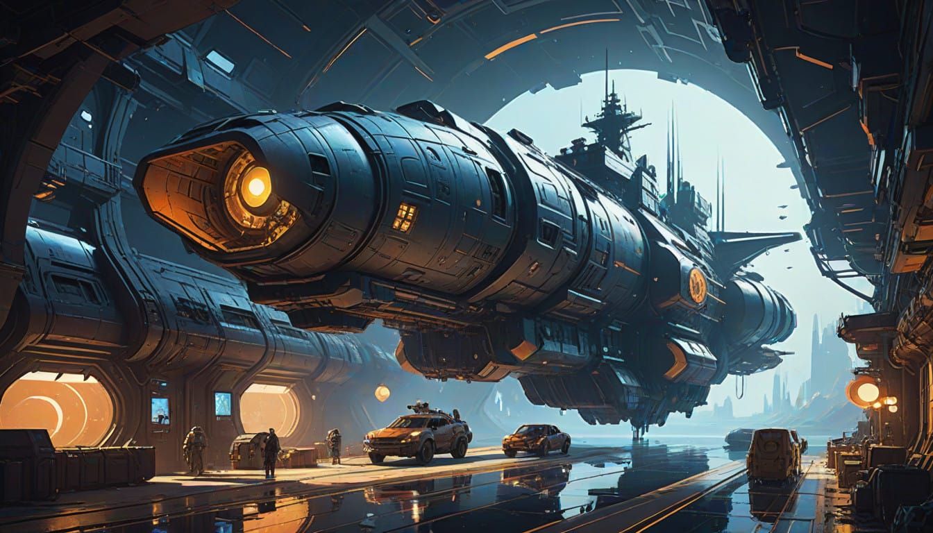 Sleek Futuristic Spaceship Frigate Lands in High-Tech Space ...