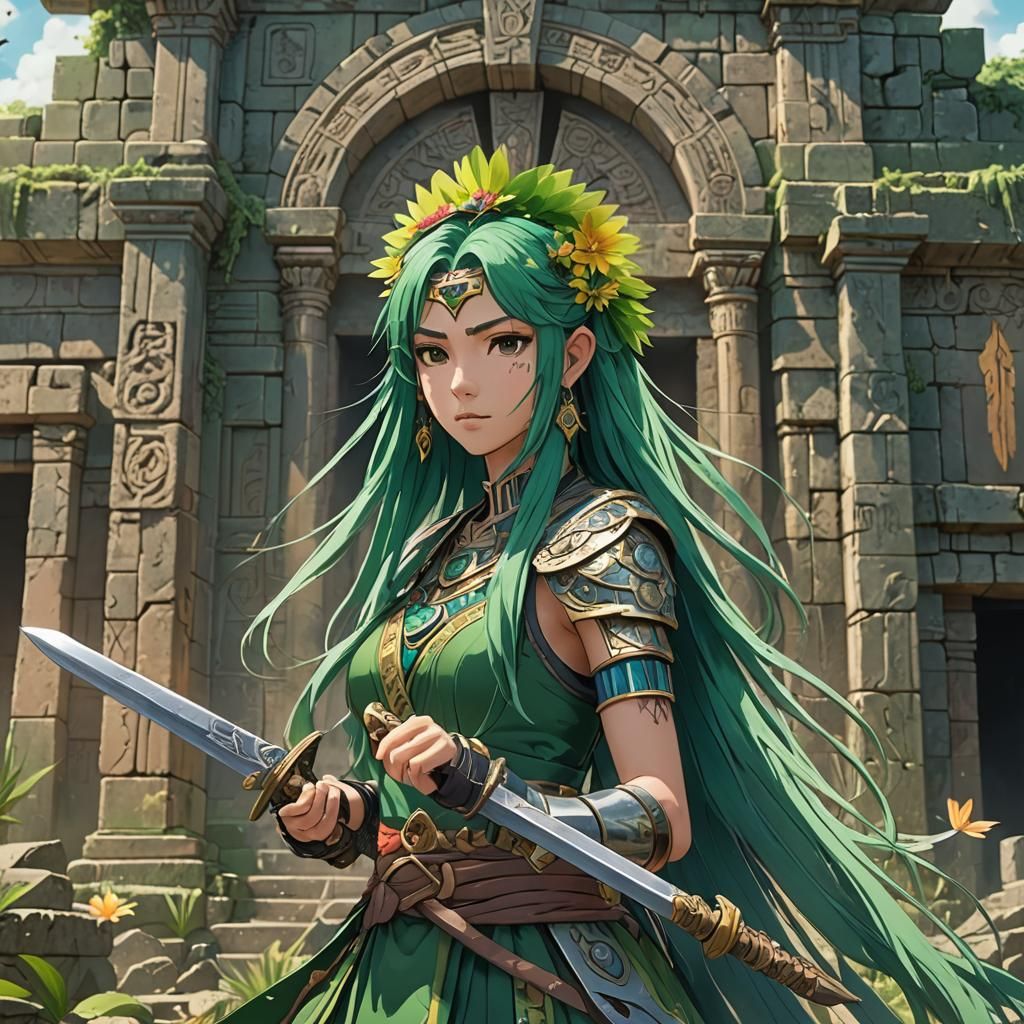 Anime Girl in Mesoamerican Ruins: Ghibli-Inspired Art