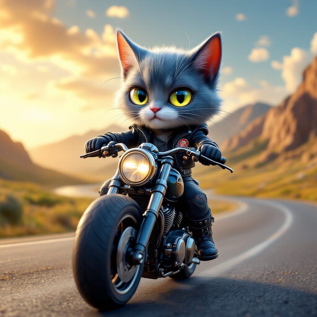 Chibi Russian Blue Cat Rides Chrome Motorcycle Across Sunset...
