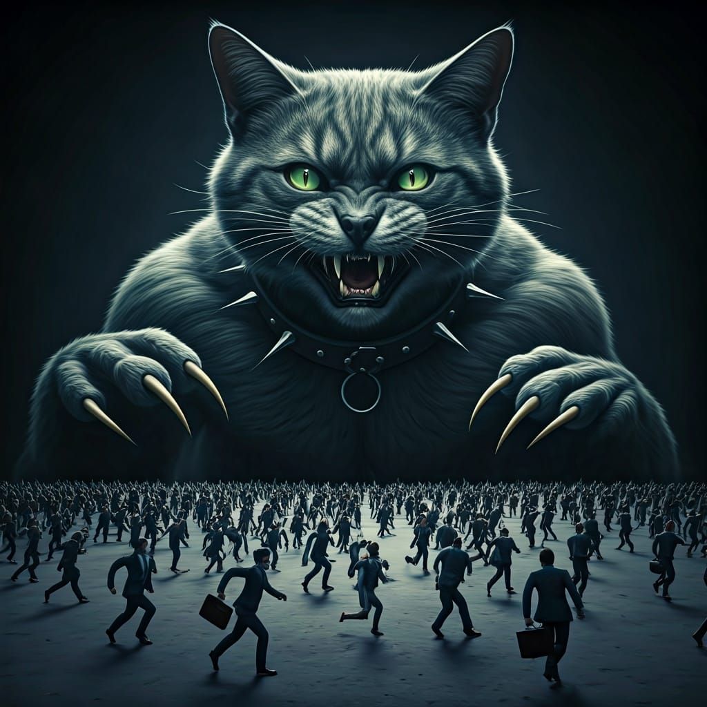 Giant Cat Towers Over Tiny Terrified Humans