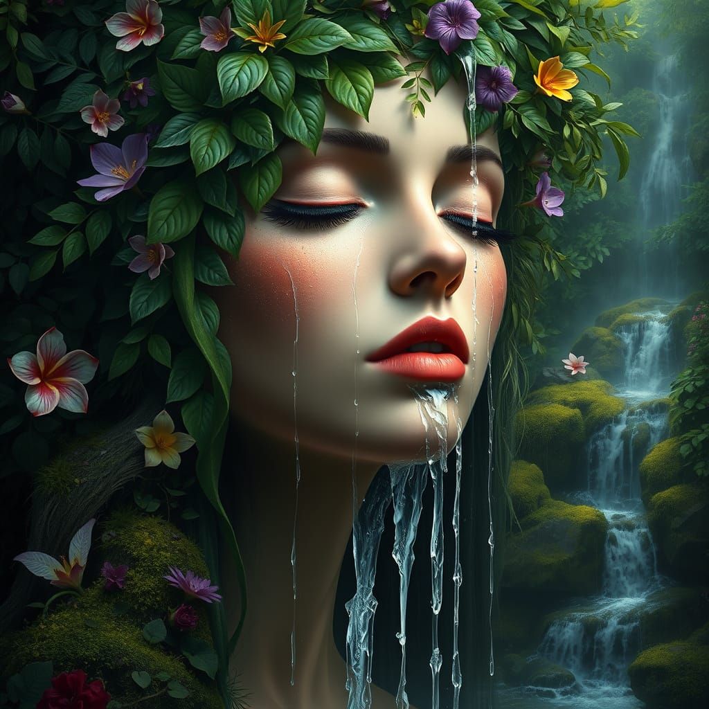A serene and mystical scene where a woman's face is intertwined with nature. Her eyes are closed, and her face appears t...