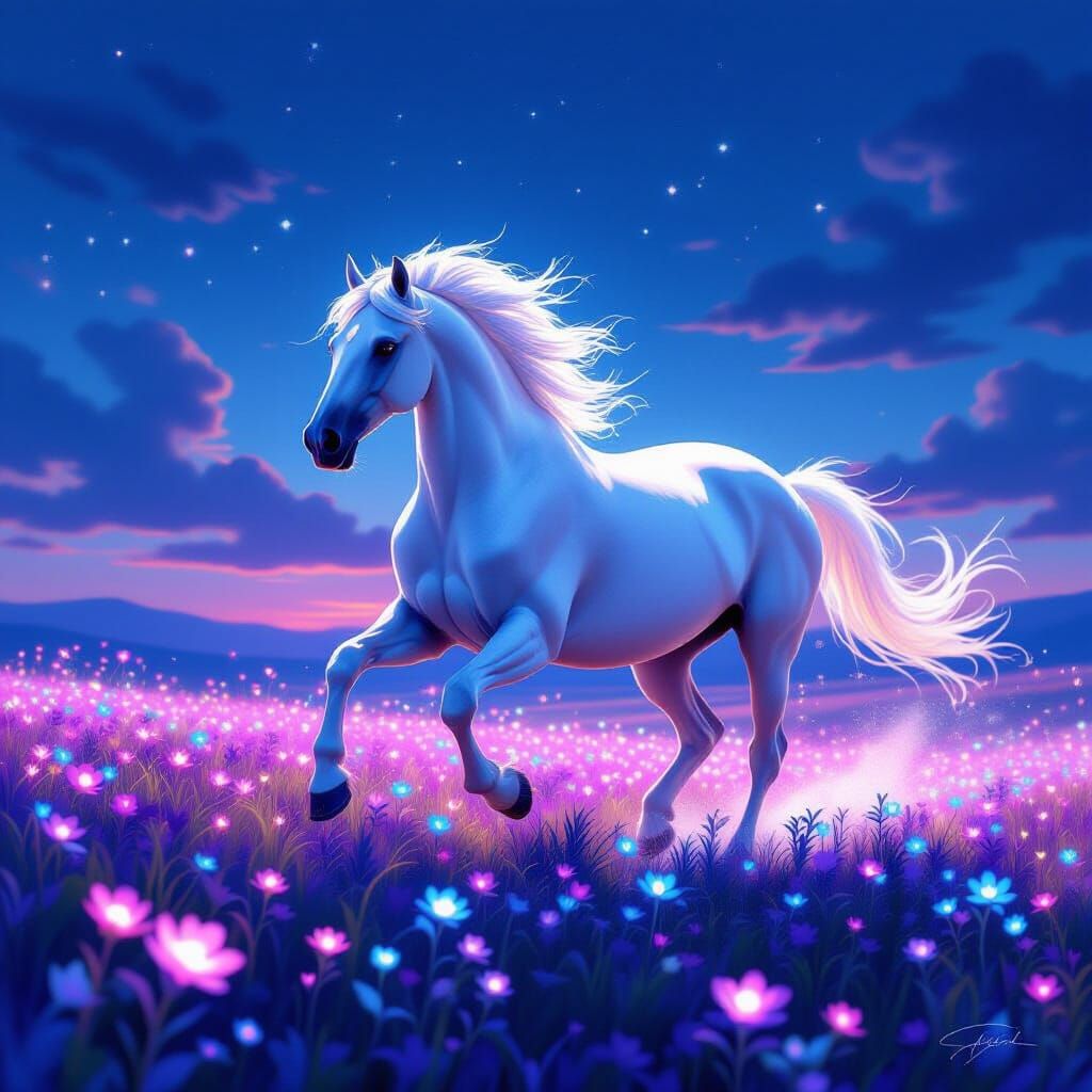Majestic White Horse in Bioluminescent Flower Field at Twili...