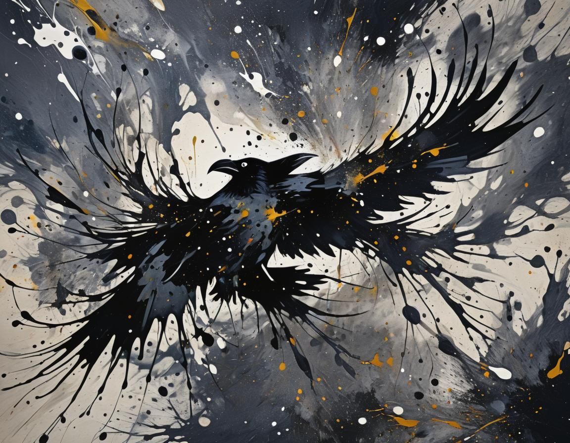 Raven in Abstract Expressionism Style with Ink Splatters