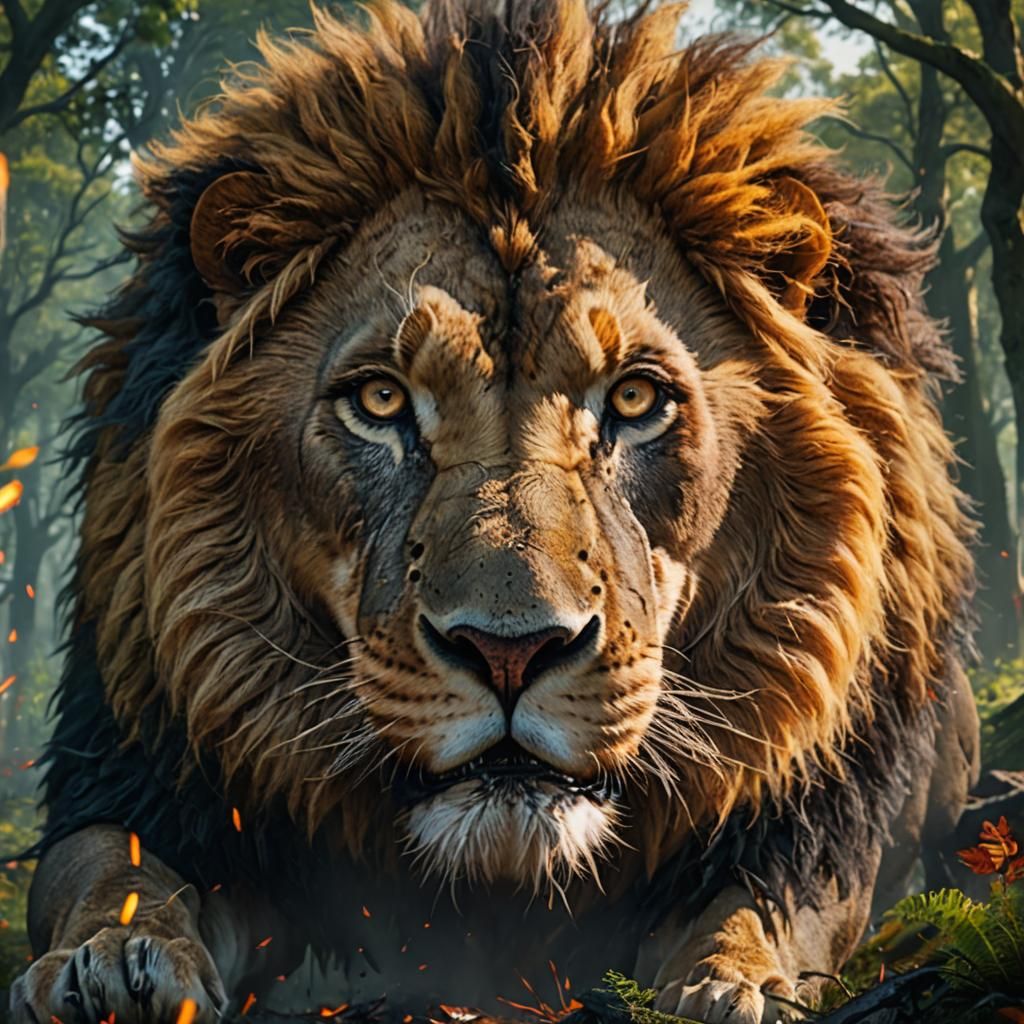 Lion Attack in the Forest: Detailed Matte Painting