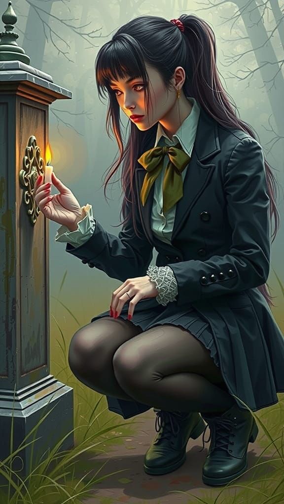 Gothic Fantasy Portrait of Woman With Candle in Misty Forest